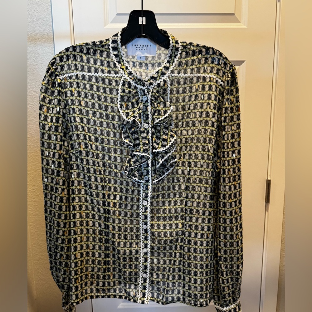 The Shirt navy/peridot/gold blouse sz L